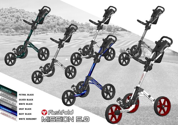 fastfold Mission 5.0, 3 wheel golf trolley, clicgear 5.0, 4.0, compact golf trolley, strong golf trolley, small golf trolley,.